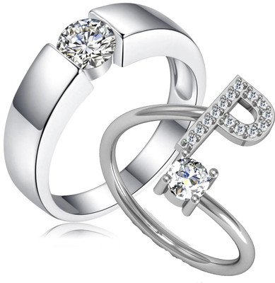 MYKI Passion For Love 'P' Letter Silver Plated Couple Ring Stainless Steel Swarovski Crystal Sterling Silver Plated Ring Set