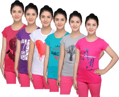 IndiWeaves Printed Women Round Neck Purple, Red, White, Blue, Pink, Grey T-Shirt