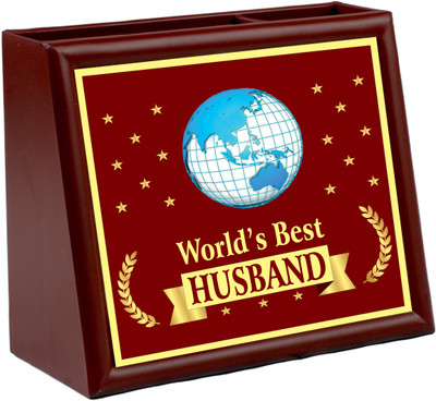Aark India 2 Compartments ABS Plastic âWorldâs Best Husbandâ Labelled on it. Table Top Gift (PC00605) Desk Organizer(Brown)