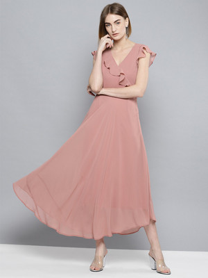HARPA Women Fit and Flare Pink Maxi/Full Length Dress