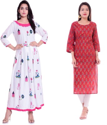 K2Creations Women Printed A-line Kurta(Red, White)