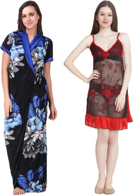 YUALIN CREATION Women Nighty with Robe(Red)