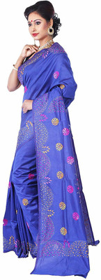 AAHELEE Embroidered Kantha Silk Blend, Art Silk Saree(Blue)
