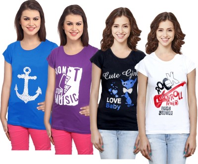 Indistar Printed Women Round Neck Purple, White, Blue, Black T-Shirt