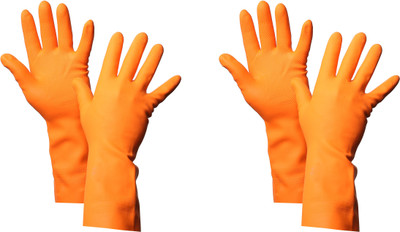 Masox Store Reusable Latex Hand Gloves For Kitchen Orange Wet and Dry Glove Set(Free Size Pack of 2)