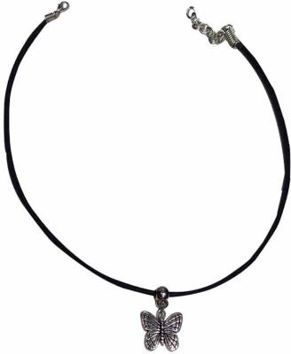 Gurjari Jewellers Oxidised ButerFly Pendant + Black Thread Choker Silver Plated Brass Choker