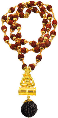 Men Style Lord Shiva Shankar Bolenath Trishula Damaru Locket With Puchmukhi Rudraksha Mala Gold-plated Beads Brass, Wood Pendant Set