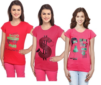 IndiWeaves Printed Women Round Neck Red, Pink T-Shirt