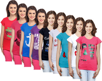 Indistar Printed Women Round Neck Purple, Red, White, Blue, Pink, Black, Grey T-Shirt