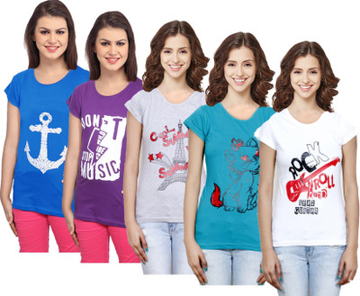 Indistar Printed Women Round Neck Multicolor T-Shirt