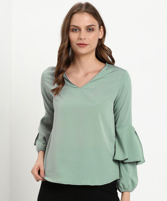 Tokyo Talkies Casual Bell Sleeve Solid Women Grey Top