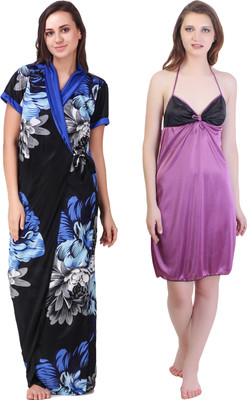 KEOTI Women Nighty with Robe(Blue, Black)