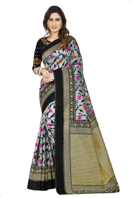 Grubstaker Printed Mysore Silk Blend Saree(Grey)