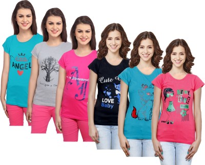 Indistar Printed Women Round Neck Blue, Pink, Black T-Shirt