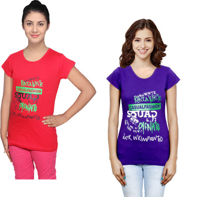 Indistar Printed Women Round Neck Purple, Red T-Shirt