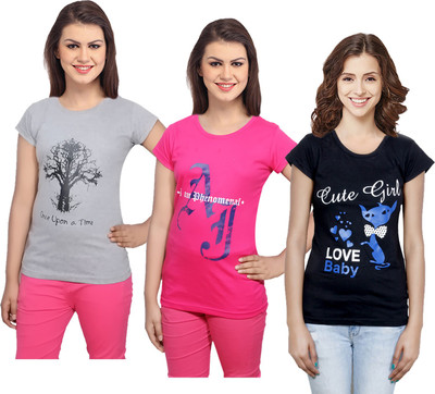 Indistar Printed Women Round Neck Black, Pink, Grey T-Shirt