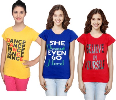 IndiWeaves Printed Women Round Neck Red, Blue, Yellow T-Shirt