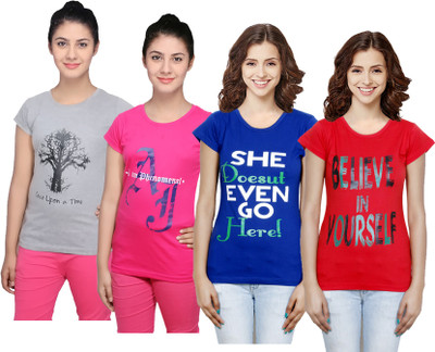 Indistar Printed Women Round Neck Multicolor T-Shirt