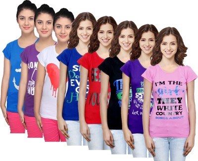 Indistar Printed Women Round Neck Purple, Red, White, Blue, Pink, Black T-Shirt