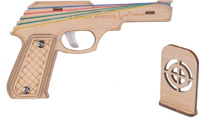 RK Cart Simple Semi-Automatic Wooden Rubber Band Shooting Gun Toys for Kids & Adults Play with Target, 5 Shots Rapid Fire Guns & Darts