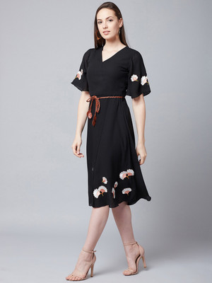 ATHENA Women Fit and Flare Black Midi/Calf Length Dress