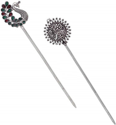 V L INTERNATIONAL Combo of 2 Women Hair Sticks Antique Decorative Hair Bun Sticks Bun Stick(Silver)