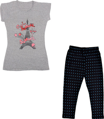 Indistar Girls Casual Capri T-shirt(Black, Grey)