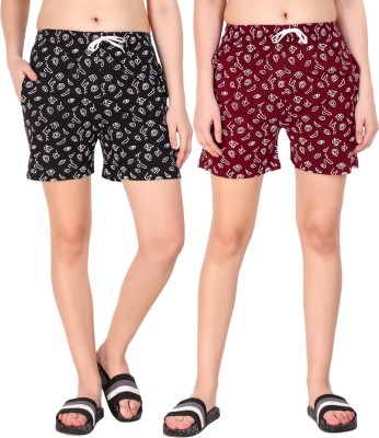 Kiba Retail Printed Women Maroon, Black Night Shorts