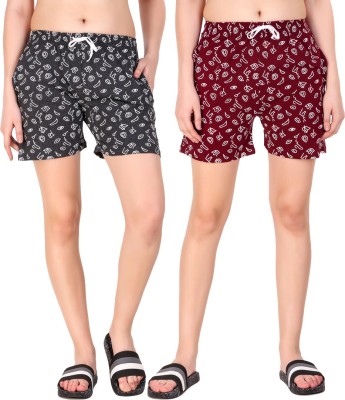 Kiba Retail Printed Women Maroon, Black Night Shorts