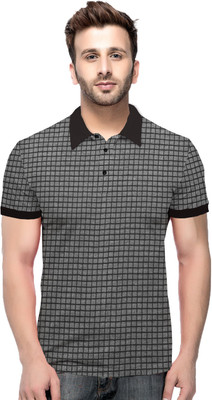 Tripr Checkered Men Polo Neck Black, Grey T-Shirt