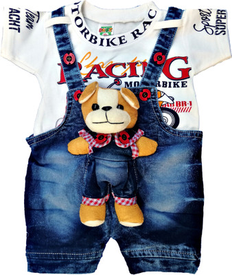 Kashvi Dungaree For Boys & Girls Casual Washed, Applique Cotton Blend(White, Pack of 1)