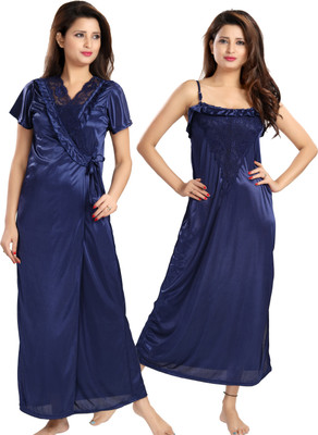 Glam World Women Nighty with Robe(Dark Blue)