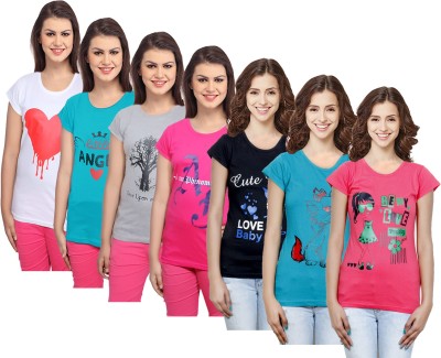 IndiWeaves Printed Women Round Neck White, Blue, Pink, Black, Grey T-Shirt