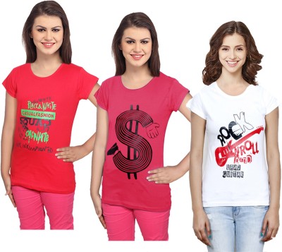 Indistar Printed Women Round Neck Red, White, Pink T-Shirt