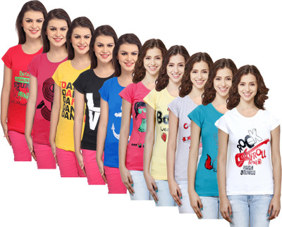 Indistar Printed Women Round Neck Red, White, Blue, Pink, Black, Grey, Yellow T-Shirt