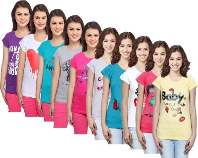 Indistar Printed Women Round Neck Purple, White, Green, Blue, Pink, Grey, Yellow T-Shirt