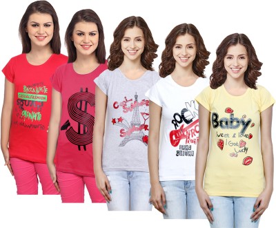 Indistar Printed Women Round Neck Red, White, Pink, Grey, Yellow T-Shirt