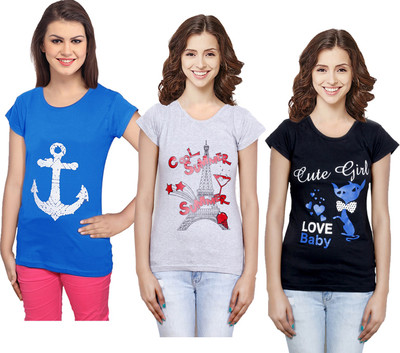 Indistar Printed Women Round Neck Blue, Black, Grey T-Shirt