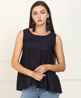 Tokyo Talkies Casual No Sleeve Printed Women Dark Blue Top