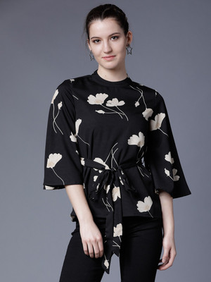 Tokyo Talkies Casual Flared Sleeve Printed Women Black Top