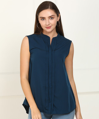 Tokyo Talkies Casual No Sleeve Solid Women Dark Blue Top