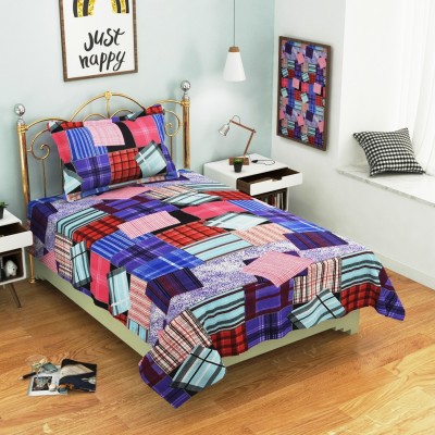 BEVI 160 TC Microfiber Single Checkered Fitted & Flat Bedsheet(Pack of 1, Puple)