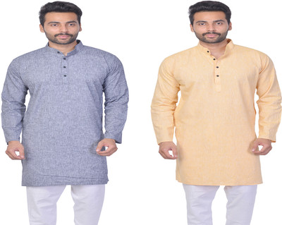 Cousin's Men Self Design Straight Kurta(Gold, Grey)