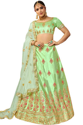 manvaa Embroidered Semi Stitched Lehenga Choli(Light Green)