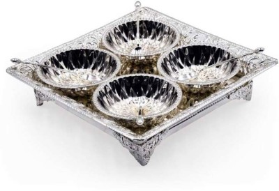 Inllex Metal Silver Set of 4 Bowl with 4 Spoon and Tray Bowl Spoon Tray Serving Set(Pack of 1)