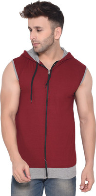 Trendfull Colorblock Men Hooded Neck Maroon, Grey T-Shirt