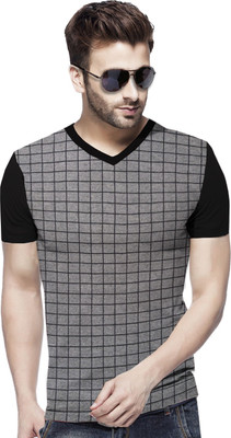 Tripr Checkered Men V Neck Grey, Black T-Shirt