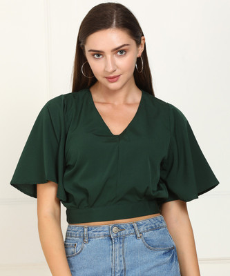 Tokyo Talkies Casual Flared Sleeve Solid Women Dark Green Top