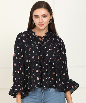 Tokyo Talkies Casual Bell Sleeve Printed Women Black Top