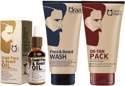 Qraa Men Gold Face And Beard Oil 30ml + Face & Beard Wash 100gm + De-Tan Pack for Men 120gm(3 Items in the set)